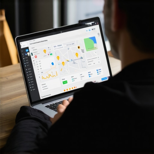 Business owner reviewing Google Maps data on a laptop with charts and maps