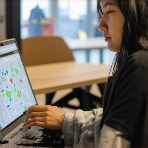 Business owner working on Google My Business profile on laptop with local map analytics.