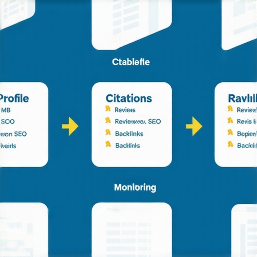 Infographic illustrating the key steps to rank #1 on Google Maps, including profile optimization, citations, reviews, SEO, backlinks, and analytics.