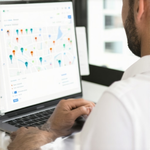 Business owner updating Google My Business profile on laptop.