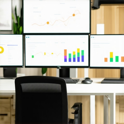 A workspace with screens showing local SEO analytics and review management tools.