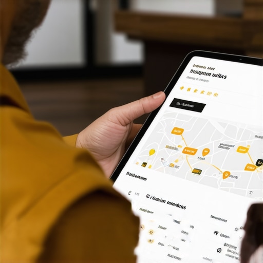 Business owner reviewing digital engagement and map performance on tablet.