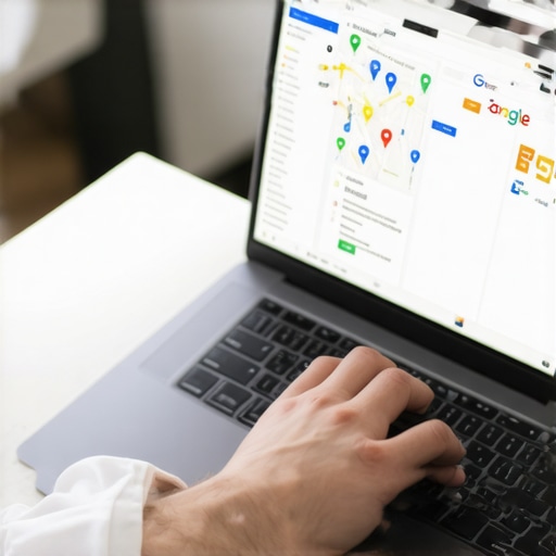 A person working on local business profile optimization using a laptop with maps and charts