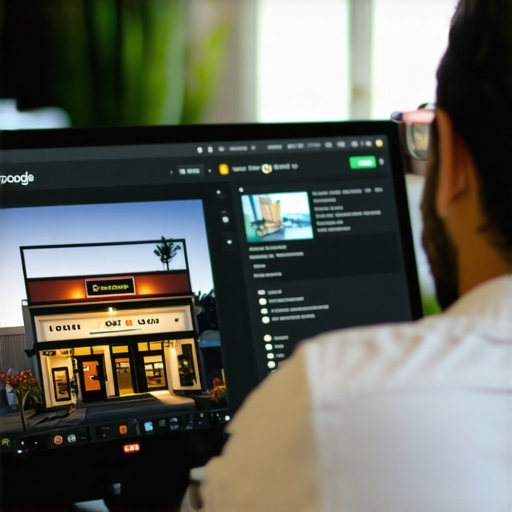 Business owner optimizing Google My Business profile on computer, with storefront in background.