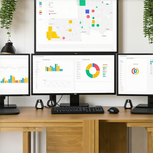 A modern workspace with multiple monitors showing local SEO management tools