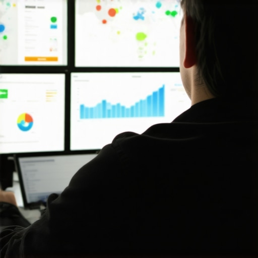 A digital marketer reviewing local SEO performance metrics on dual monitors