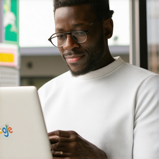 Business owner optimizing Google My Business profile on laptop in local storefront setting