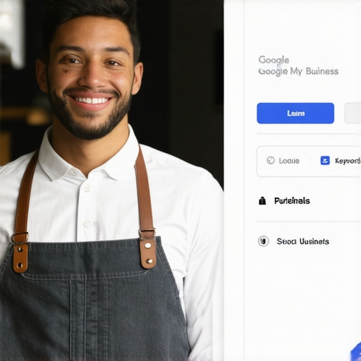 GMB Optimization in Action Business owner updating Google My Business profile with images and keywords.