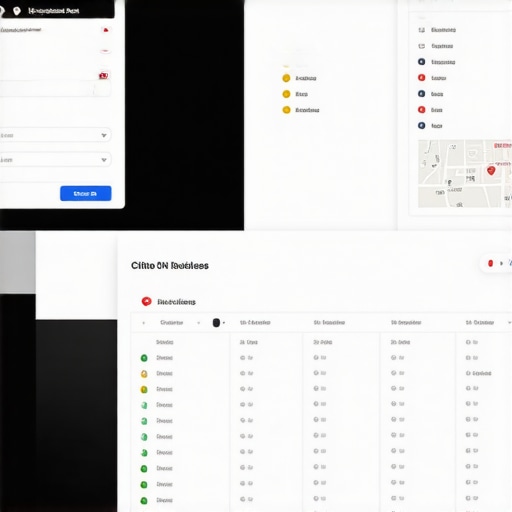 Illustration of local SEO optimization elements including Google My Business, citations, reviews, and analytics charts.