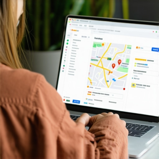 Business owner updating Google My Business profile on laptop with reviews and maps icons