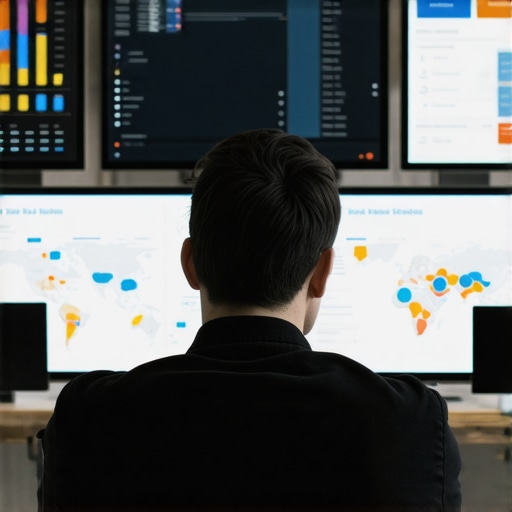 Digital Marketer Using Local SEO Tools A person analyzing local search performance metrics on screens with maps and graphs