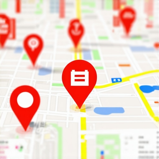 A digital map showing advanced ranking metrics and custom business icons for local SEO strategy.