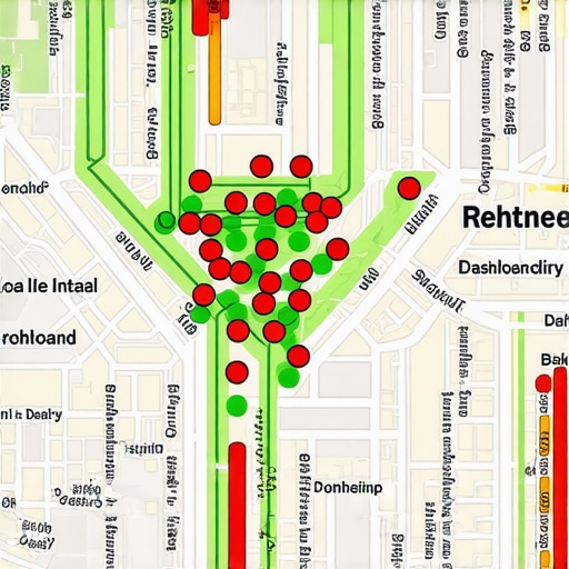 Local SEO grid tracking map showing business ranking positions across a neighborhood.