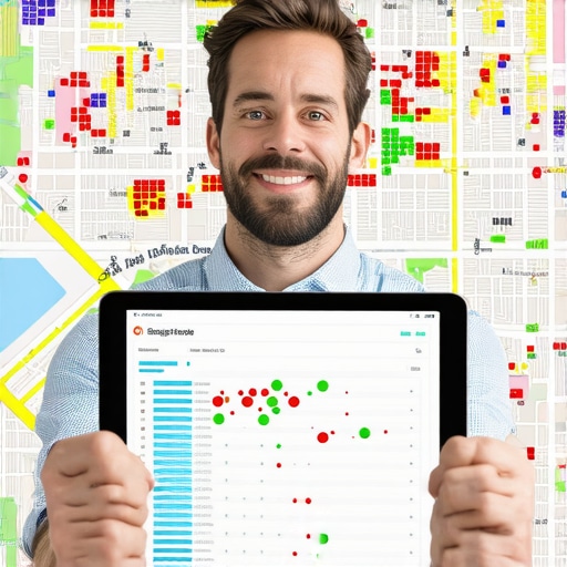 A specialist reviewing a local search ranking heatmap on a digital tablet