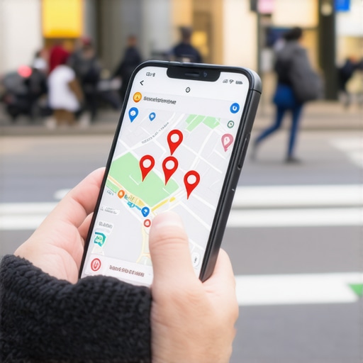 A business owner using a smartphone to check their Google Map Pack ranking while standing on a busy local street.