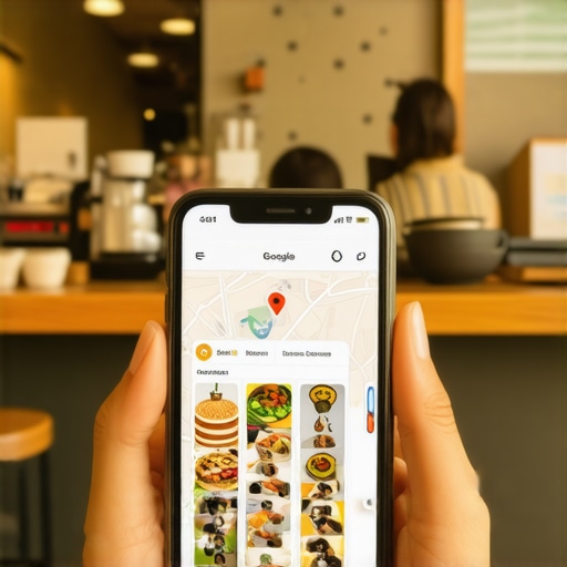 A phone showing user photos on a business profile in a busy shop