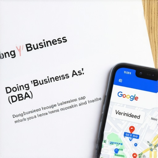 Legal DBA document next to a verified Google Maps business listing on a phone.
