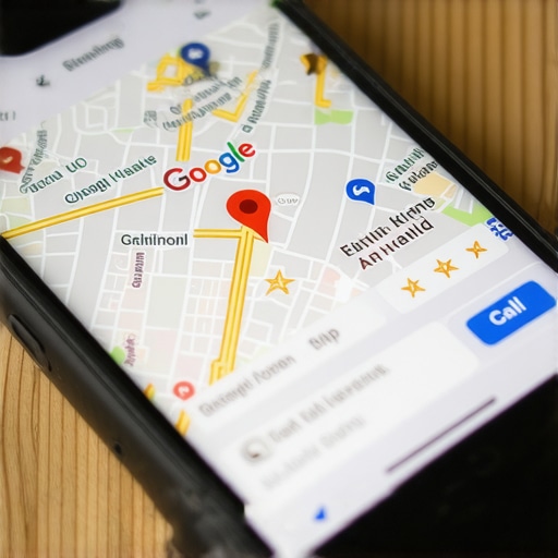 A smartphone showing a business ranking first in local map search results.