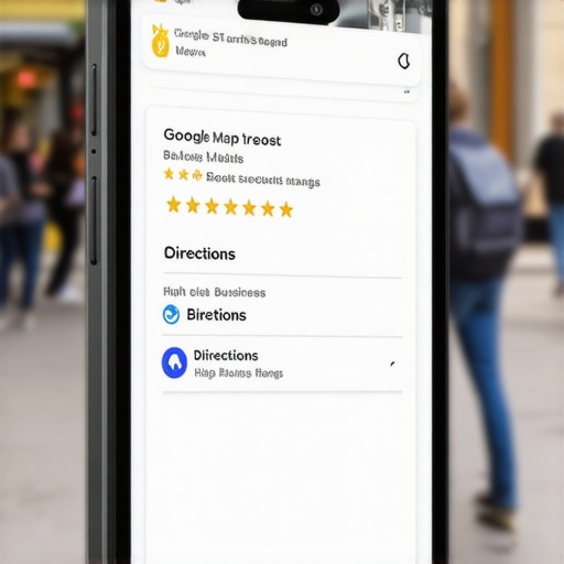 A smartphone showing a top-ranked business on Google Maps with high user engagement signals.