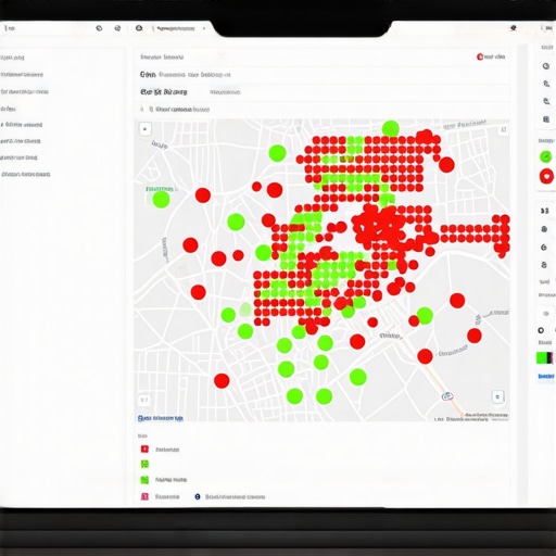 Heat Map Visualization of Local SEO Rankings A professional local SEO tool showing a grid-based ranking heat map of a business across a city.