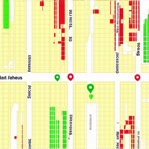 A digital map grid showing local SEO ranking performance across a city neighborhood.