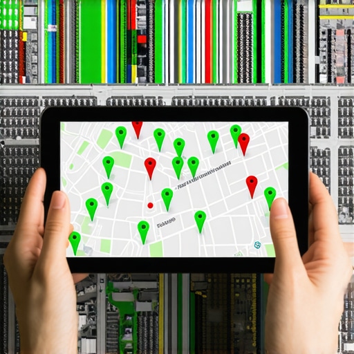 A tablet displaying a local SEO rank tracking grid with green and red pins over a city map.
