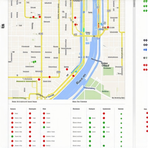 A grid-based rank tracking tool showing local map visibility for a business across a specific geographic area.