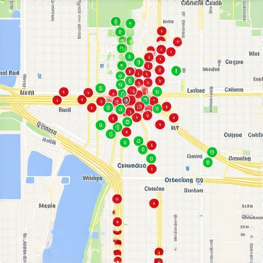 A map showing local search ranking positions across different neighborhoods using a grid tool.
