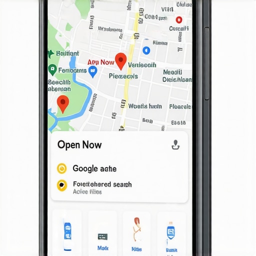 Local Map Visibility Audit via Mobile Device A smartphone screen showing Google Maps with the 'Open Now' filter selected for local search results.