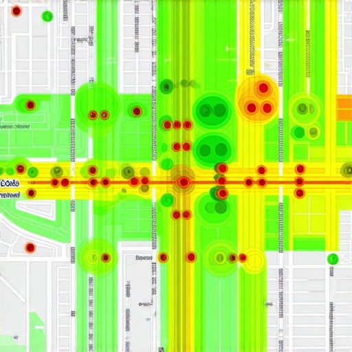 A visual representation of a local rank tracker heatmap showing map pack visibility across different city blocks.