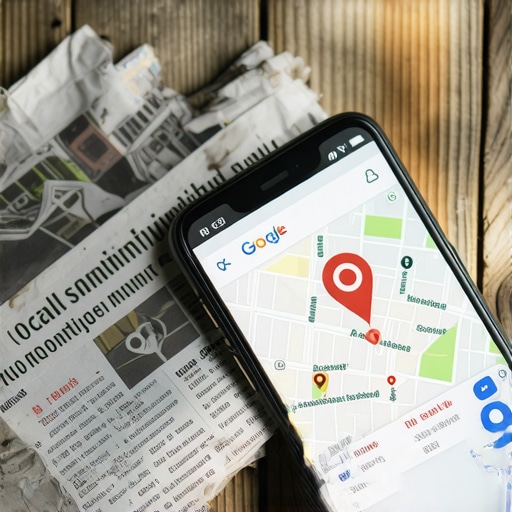 Local News and Map Rankings A local newspaper next to a smartphone showing a Google Maps location pin representing local SEO authority.