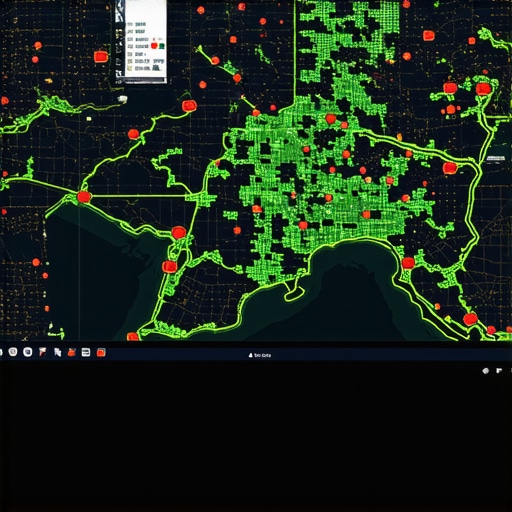 A digital map showing local search ranking grid dots across a metropolitan area