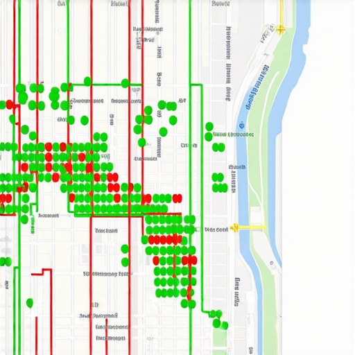A map grid visualization showing Google Maps rankings across a metropolitan area.