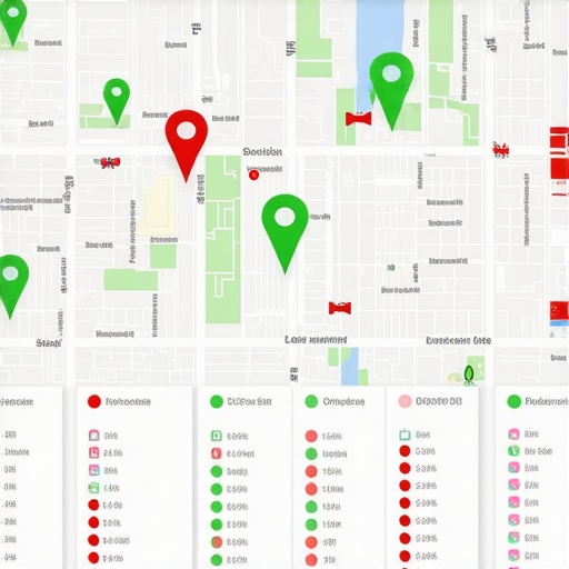 A grid-based map showing business ranking positions across a local city area.