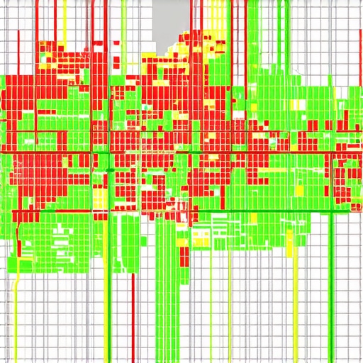 A digital map showing a local SEO heatmap with green and red nodes indicating business ranking strength across different neighborhoods.