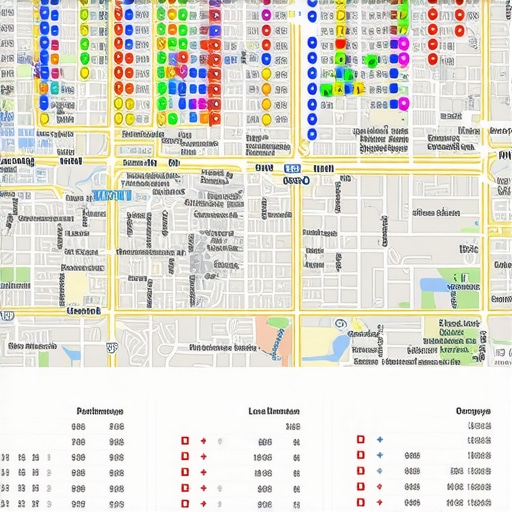 A map-based SEO tool showing search engine ranking positions across different geographic locations in a city.