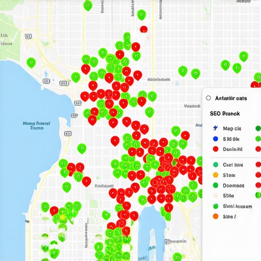 A screenshot of a local maps domination tool showing ranking positions across a city grid.