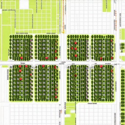 A digital grid map showing various ranking positions for a local business across a city neighborhood.
