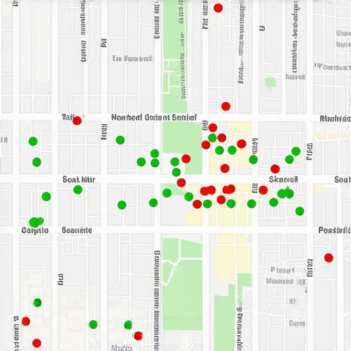 A heatmap showing local search rankings across a geographical area for a business profile.