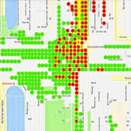 Visual representation of local search rankings using a grid tracking tool showing proximity variations.
