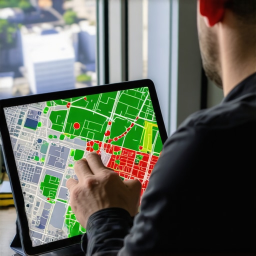 A person using a grid tracking tool to analyze local map rankings across a city.