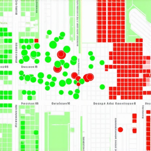 A digital geo-grid heatmap showing search ranking strength across a local city map.