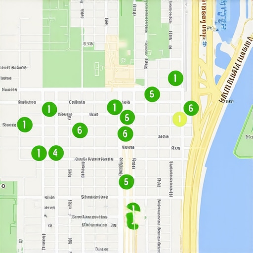 A map showing green ranking markers across a city grid for local search dominance.