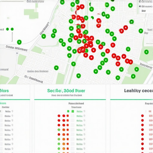 A digital map showing various ranking positions for a local business across a city geographic area.