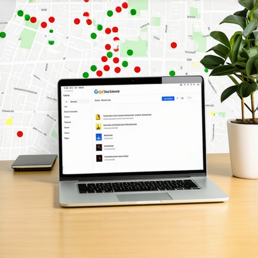 Local SEO Ranking Heatmap Visualization A local SEO heatmap showing ranking positions across different city neighborhoods on a laptop screen.