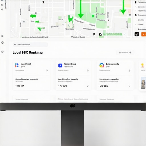 Local SEO Ranking Maintenance Dashboard A digital SEO dashboard showing local map pack ranking improvements and citation tracking tools.