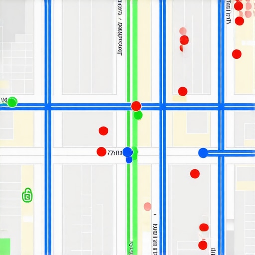Local Search Geo-Grid Ranking Visualization A digital map showing various green and red ranking nodes across a metropolitan area for local SEO tracking.