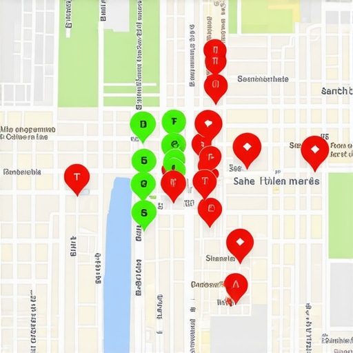 A visual map showing local SEO ranking positions across a neighborhood grid.