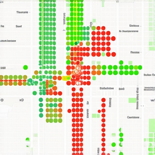 A ranking grid showing green and red dots across a city map to track local map pack dominance.