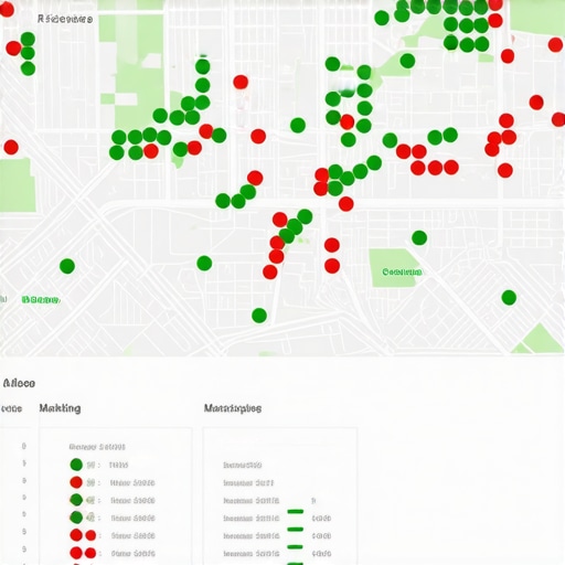 A visual representation of local map ranking data showing performance across different geographic coordinates.